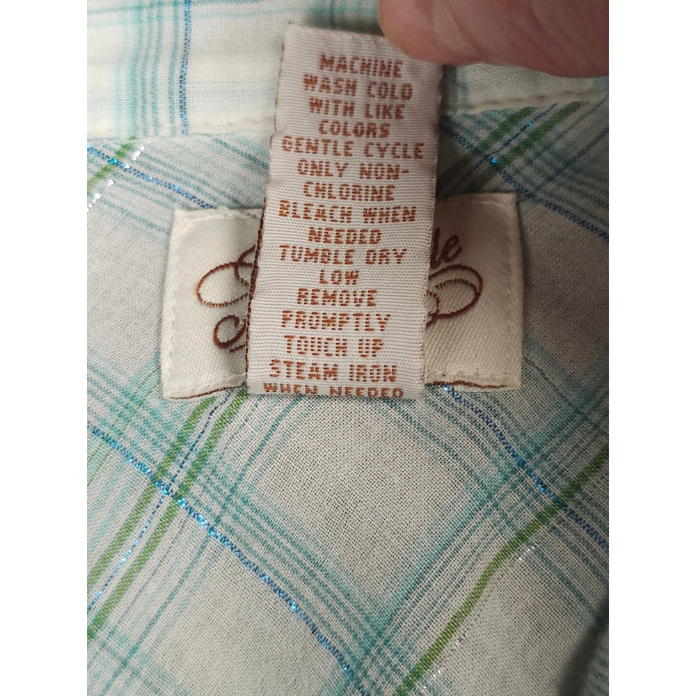 Vintage Y2K Aeropostale Western Pearl Snap Shimmer Plaid Shirt Teal White Medium - Picture 7 of 10